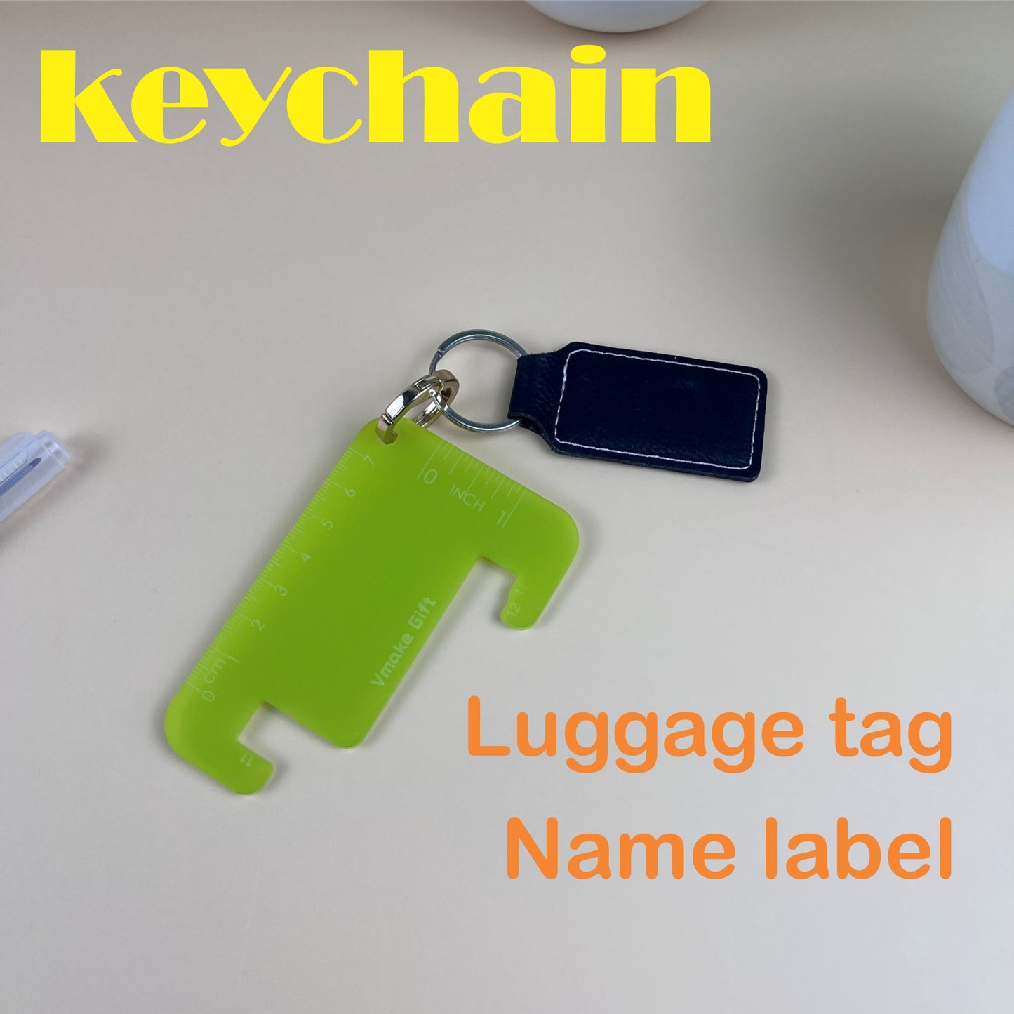 mobile cell phone stand holder tag, clear acrylic, mini ruler